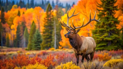 Majestic North American elk bull in autumn foliage, with impressive antlers, roaming freely in Yellowstone National Park's lush forest landscape.