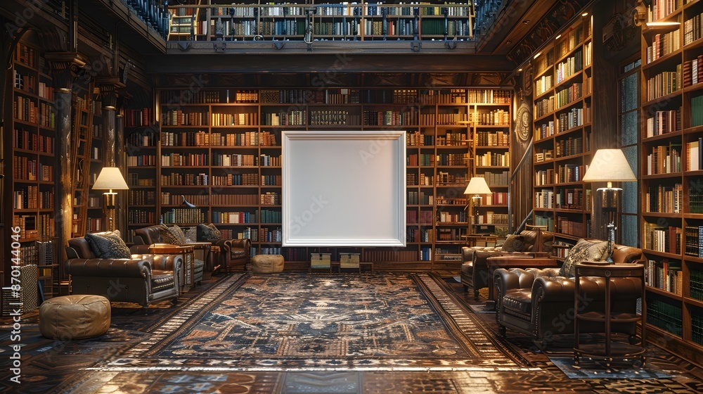 Aufkleber cozy and inviting 3d rendered mockup of white frame in nostalgic library nook