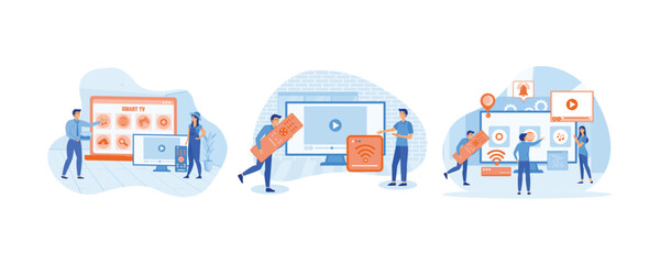 Menu Smart TV on laptop. Tiny people watch video with remote control and television multimedia box. Smart tv technology with tiny people concept. Set flat vector modern illustration © Alwie99d