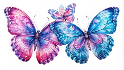 Delicate, intricately patterned blue and pink butterflies with subtle gradient hues and gentle wing curls on a soft white background.