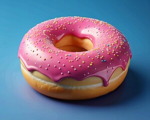 Delicious pink donut with colorful sprinkles isolated on blue background side view. 3d rendering picture