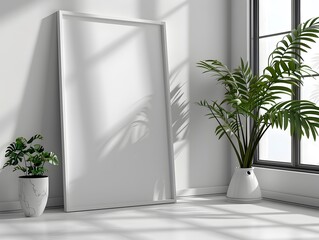 Minimalist White Background Frame Mockup Leaning Against Studio Wall with High Key Lighting