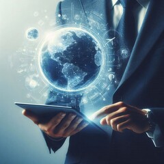 Globe graphic, businessman's hand