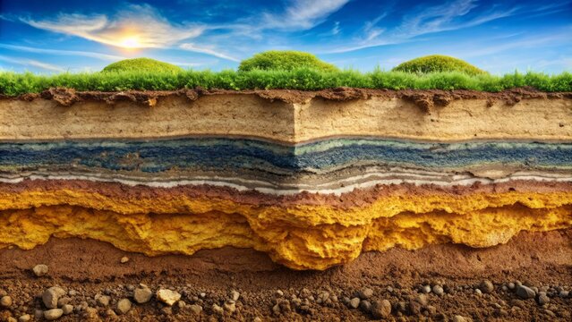 Macro view of layered earth composition showing stratification of brown topsoil humus, yellowish brown subsoil, and rocky underlying bedrock.