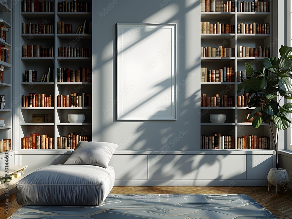 Poster sleek white frame mockup propped on contemporary library bookshelf with soft shadows and