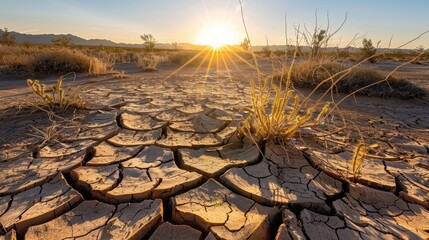 A desert landscape with cracked, dry soil and parched plants under a relentless sun during a heatwave.
