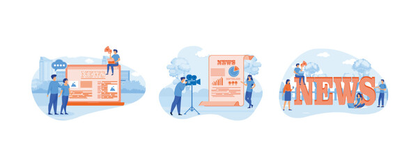 Fototapeta premium People read breaking news online using laptop. Breaking News Reporter With Broadcaster on the Monitor About Information Incident. Online breaking news concept. Set flat vector modern illustration