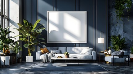 Elegant 3D White Gallery Frame Mockup Against Navy Accent Wall in Modern Living Room