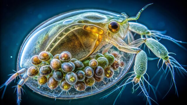 Microscopic view of female water flea Daphnia Simocephalus vetulus with eggs, fresh water dweller, Branchiopoda class, Daphniidae family.