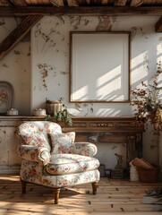 Cozy Rustic Cottage Interior with White Background Frame Mockup and Floral Armchair