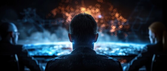 Futuristic Command Center with Holographic Display and Team of Professionals