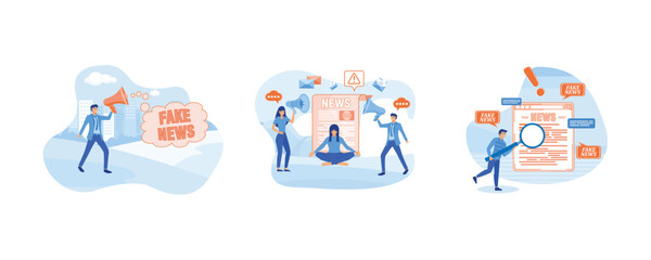 Fake news or misleading information that people share on social media. Stop spreading hoax and fake news. Man shocked from article in online press with lies. Set flat vector modern illustration