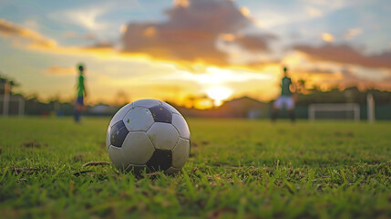 Soccer ball on grassy field at sunset with players in the background, evoking calm and anticipation