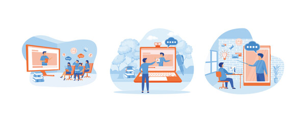 Webinar and online education courses, the teacher teaches a group of students online. Online education and graduation. Online Education Social Media Design for Business. 