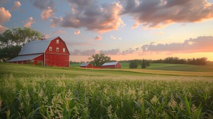 Beautiful red barns in a green field at sunset with a dramatic cloudy sky, capturing the serene rural landscape.
