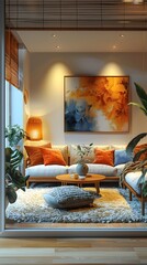 Cozy Mid Century Modern Den with White Frame Mockup and Colorful Abstract Art