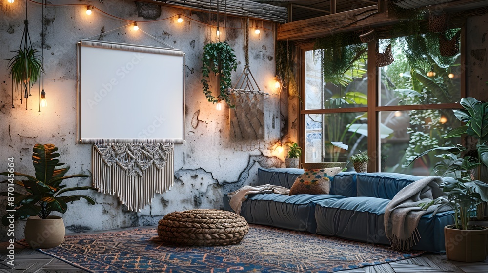 Poster mockup of cozy bohemian living space with white background frame macrame wall hanging and string