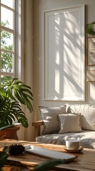 Fototapeta premium Minimalist Mockup Photo Frame in Cozy Living Room Setting with Sunlight Streaming Through Windows
