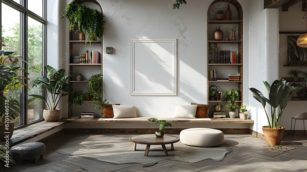 Aufkleber pristine white gallery frame on built in bookshelf in minimalist home office