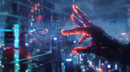 Explore a futuristic cityscape where AI and human connections are made through hands and fingers on touch screens.AI and human minds connect in a futuristic cityscape, fingers and hands interacting