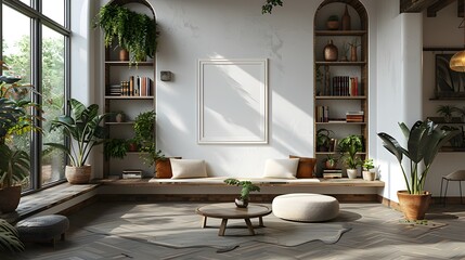 Pristine White Gallery Frame on Built in Bookshelf in Minimalist Home Office