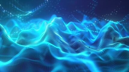 A dynamic visualization of a digital landscape with glowing blue elements, forming interconnected points and lines, symbolizing data and connectivity.