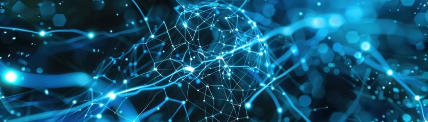 Fototapeta premium A digital rendering of a human brain with vibrant blue neon lights and intricate network pathways, illustrating the convergence of neural and technological advancement.