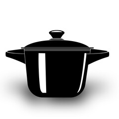 Silhouette of a closed pan in the style of a black and white illustration, a deep frying pan as a cooking tool and one of the kitchen utensils.