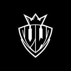 VW Letter logo with sharp triangle shield shape with crown inside white outline on black background template design