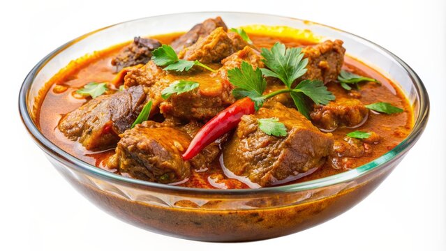 Richly flavored mutton curry rendang with tender chunks of beef stew in a vibrant orange sauce on transparent background.