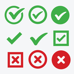 Green check mark and red cross mark icon set Isolated tick symbols Checklist signs Approval badge Flat and modern checkmark design