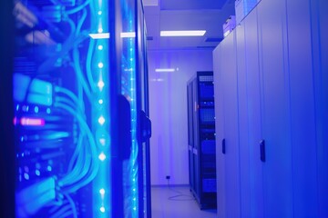 Network server room with blue and cyan LED lights illuminating the equipment, conveying advanced technology infrastructure.
