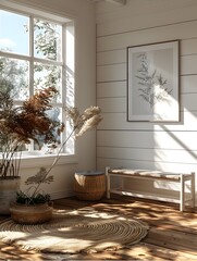 Crisp White Frame Mockup Leaning on Shiplap Wall in Farmhouse Style Entryway with Inviting