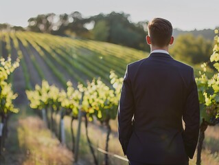 Businessman in a formal suit attending a vineyard tour, showcasing business networking in elegant settings