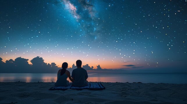 A couple sitting on a beach blanket, watching the stars come out as the sky darkens