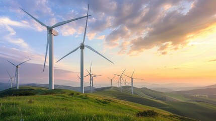 Obraz premium A field of wind turbines spinning gracefully against a backdrop of rolling hills and a sunset sky.