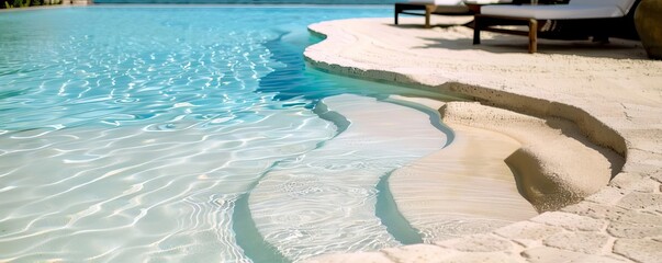 Pool with beach entry and soft sand, unique and relaxing, coastal feel, Pool party concept, No people