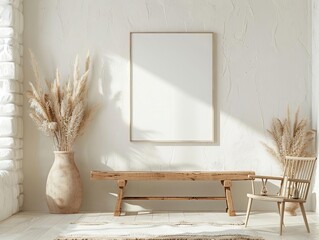 A serene, minimalist interior with neutral tones, featuring a wooden bench, a blank canvas, and decorative vases with dried pampas grass, creating a calm and peaceful setting