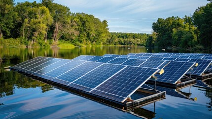 A floating solar array on a river, with reflections of the panels and surrounding trees mirrored in the water's surface.