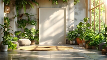 Minimalist Framed Botanical Backdrop with Lush Indoor Greenery and Soft Lighting