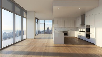 Fototapeta premium A spacious, modern kitchen with sleek appliances, minimalist design, and large windows offering a city view