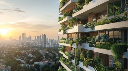 Obraz premium A highrise residential building with balconies adorned with plants, offering a view of the urban skyline