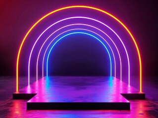 A vibrant neon stage with an arched light design, set against a dark backdrop, ideal for modern presentations or performances