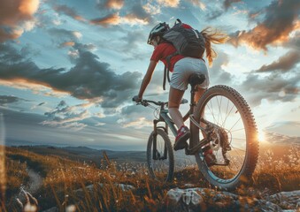 Naklejka premium Young woman mountain biking through scenic landscape at sunset