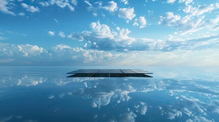 A floating solar array on a serene lake, reflecting the clouds and sky in the calm water below.
