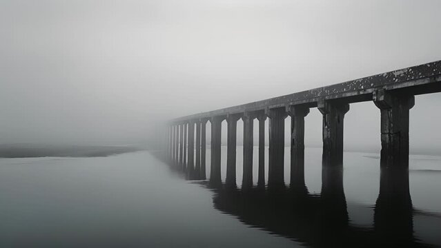 A bridge shrouded in fog and rain disappearing into the misty distance. Black and white art