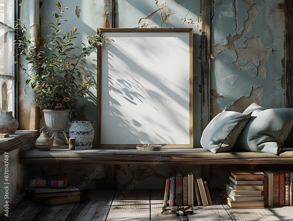 Poster a 3d rendered mockup of a white background frame nestled on a floating wooden shelf alongside books 