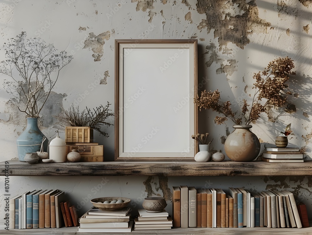 Poster cozy and rustic 3d rendered mockup of a white background frame nestled on a floating wooden shelf al