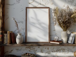 Cozy 3D rendered mockup of a white background frame nestled on a floating wooden shelf alongside books and trinkets with soft diffused daylight and a warm cottage core ambiance