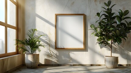 3D Rendering of a Simple Wooden Frame Mockup Hanging on a Light Colored Wall in a Minimalist and Modern House Interior with Natural Daylight